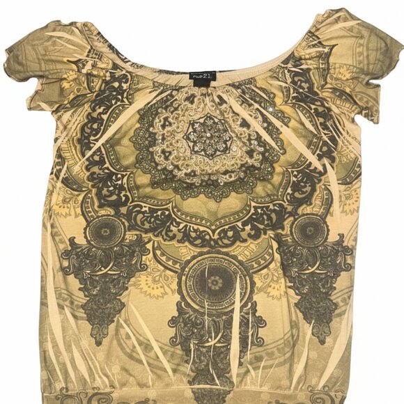 Vintage 90s/Y2K Woman Rue 21 Green Paisley/Henna Off Shoulder Top - Picture 1 of 4